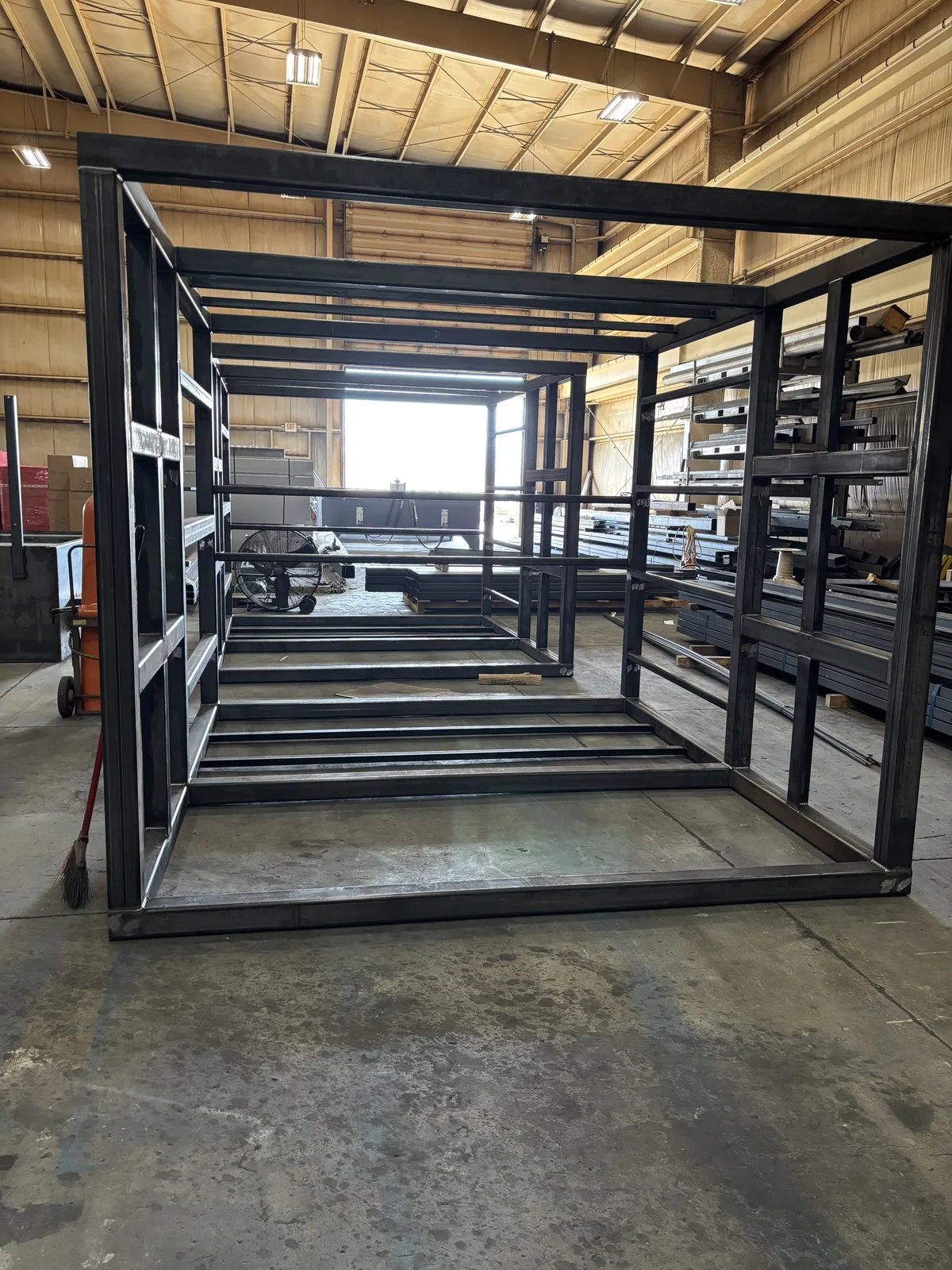 Large rectangular welded frames lined up in the Ahner shop